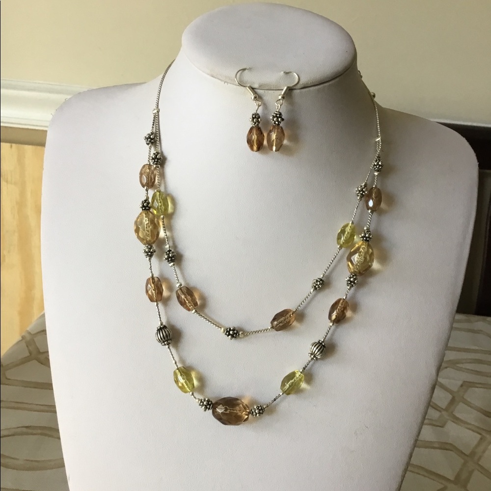 Yellow topaz glass bead silver tone necklace set